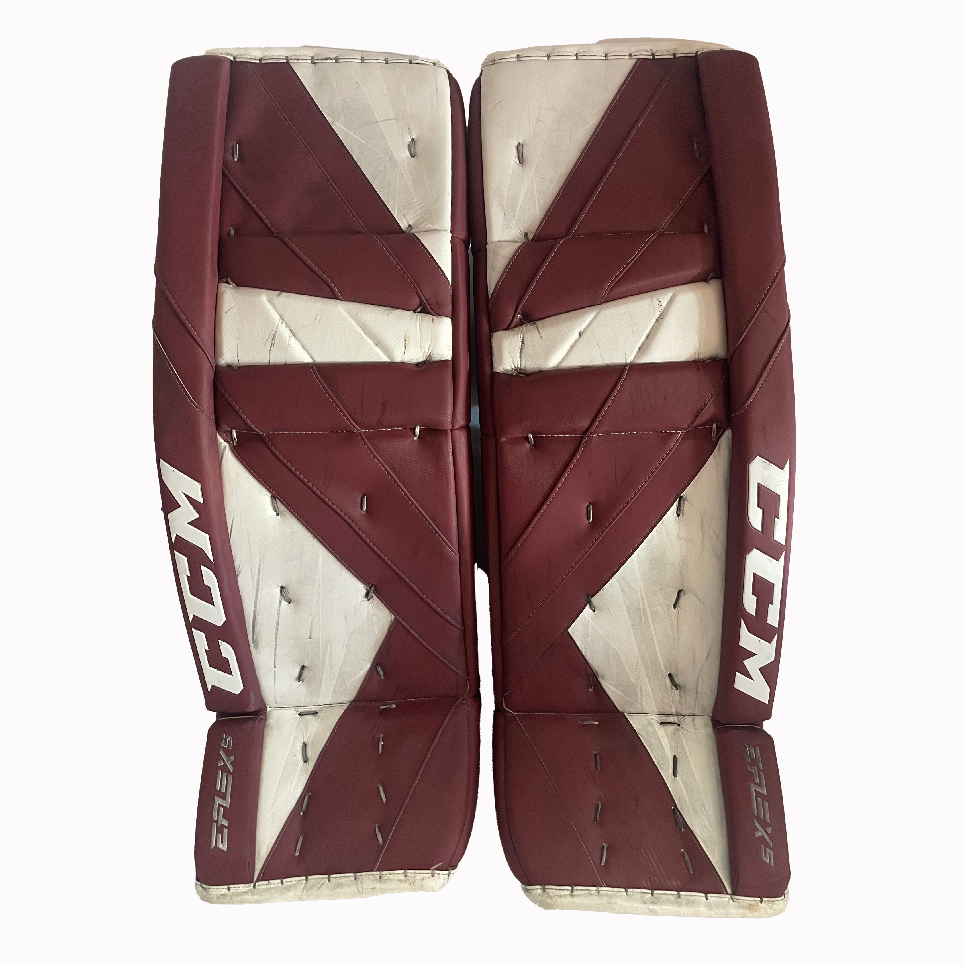 CCM Extreme Flex 5 - Jambières de gardien de but Pro Stock d'occasion (bordeaux/blancs)